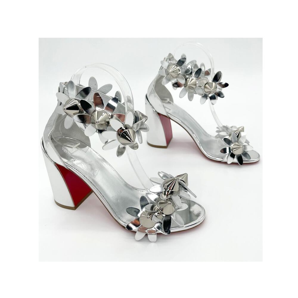 Christian Louboutin Daisy Spike Metallic Silver Ankle Cuff Sandals EU 37.5